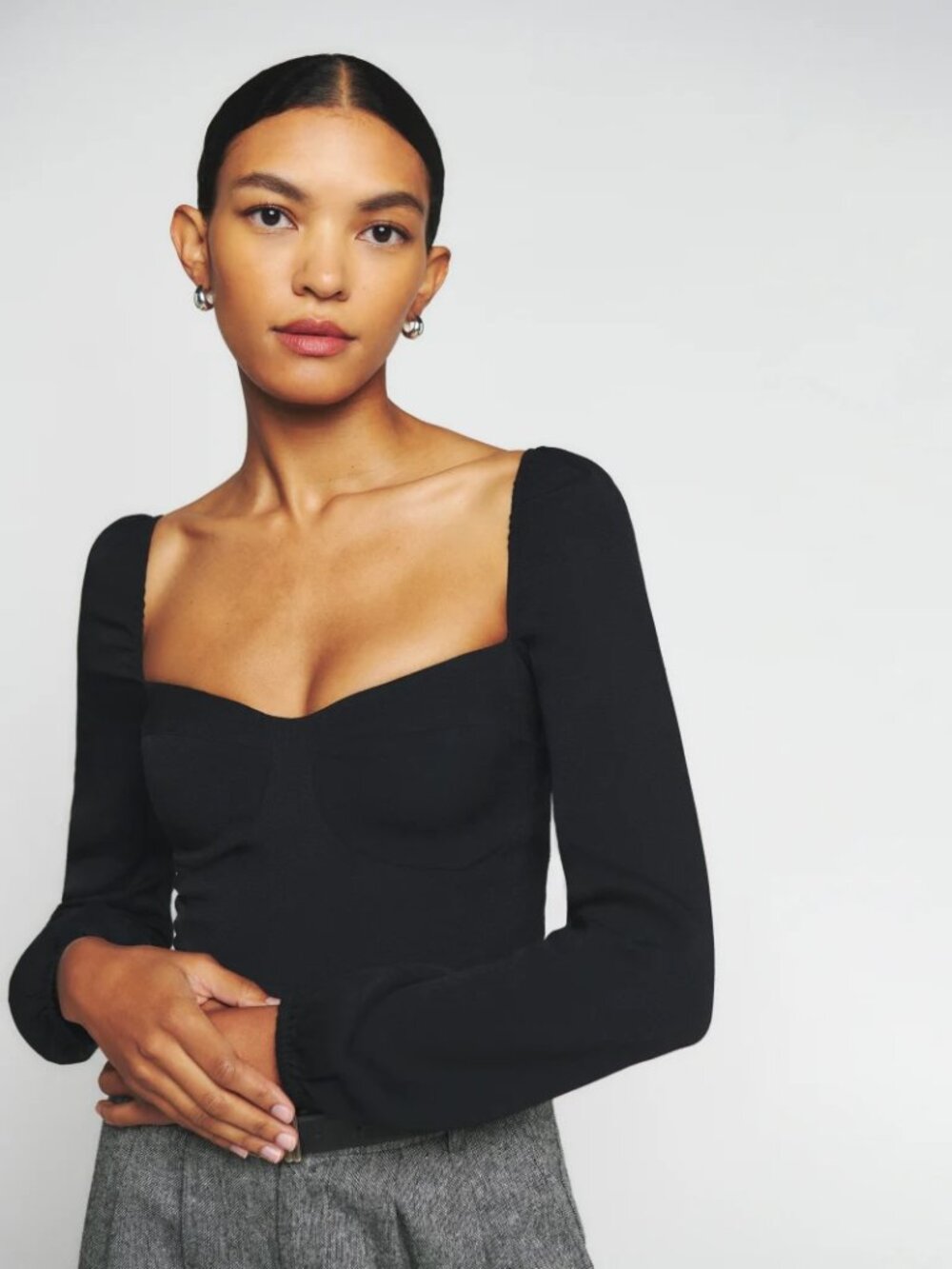 Reformation Reign Black Long Puff Sleeve Top